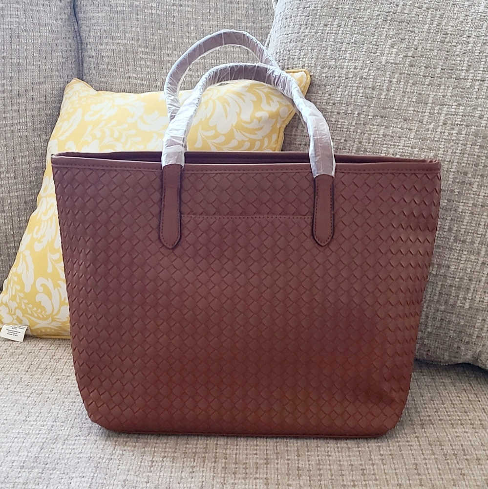 Cute Large Tote & Accessories- Brown/Bordeaux Woven look Canvas Tote+ - Picture 3 of 8